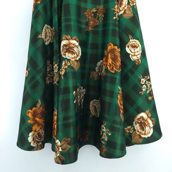 Modcloth Whimsy Retro-Chic Flowy A-Line Regal Floral Over Green Buffalo Check S - Picture 3 of 14